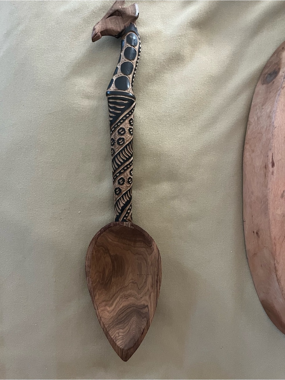 Set of African Design hand carved wood Salad Serving Fork & Spoon. w/Small Bowl - Picture 9 of 9